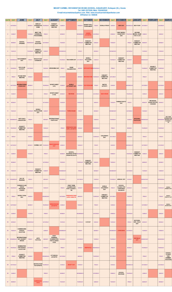 Mount Carmel Vidyaniketan Kottayam Academic-Calendar